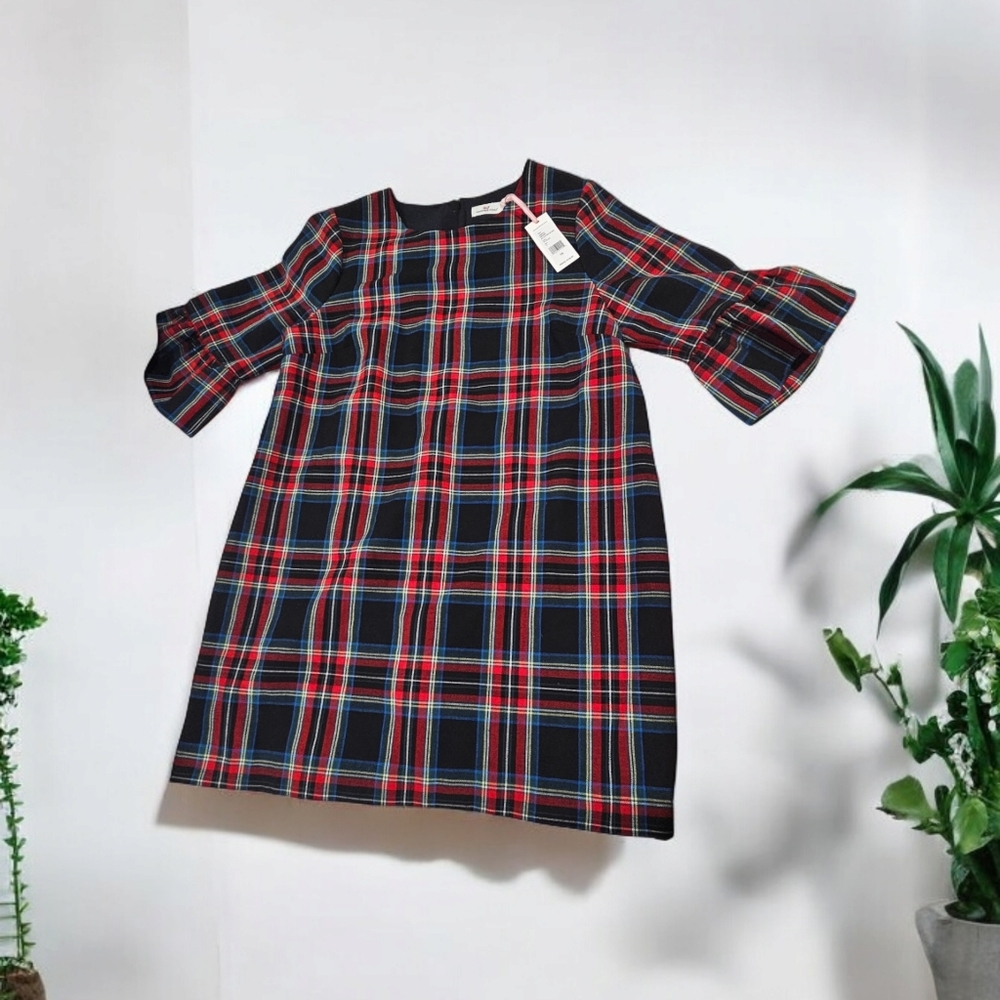 NWT Vineyard Vines Red Black Plaid Mini Dress Holiday Bell Sleeves Womens 16